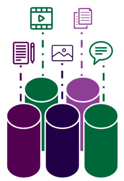artistic representation of expanding business silos. 5 content silos with content types coming from the top.